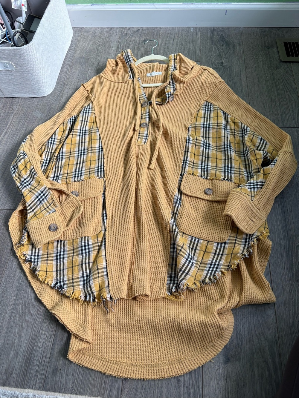 Oli & Hali Mustard Waffle-Knit Hoodie with Yellow Plaid Panels